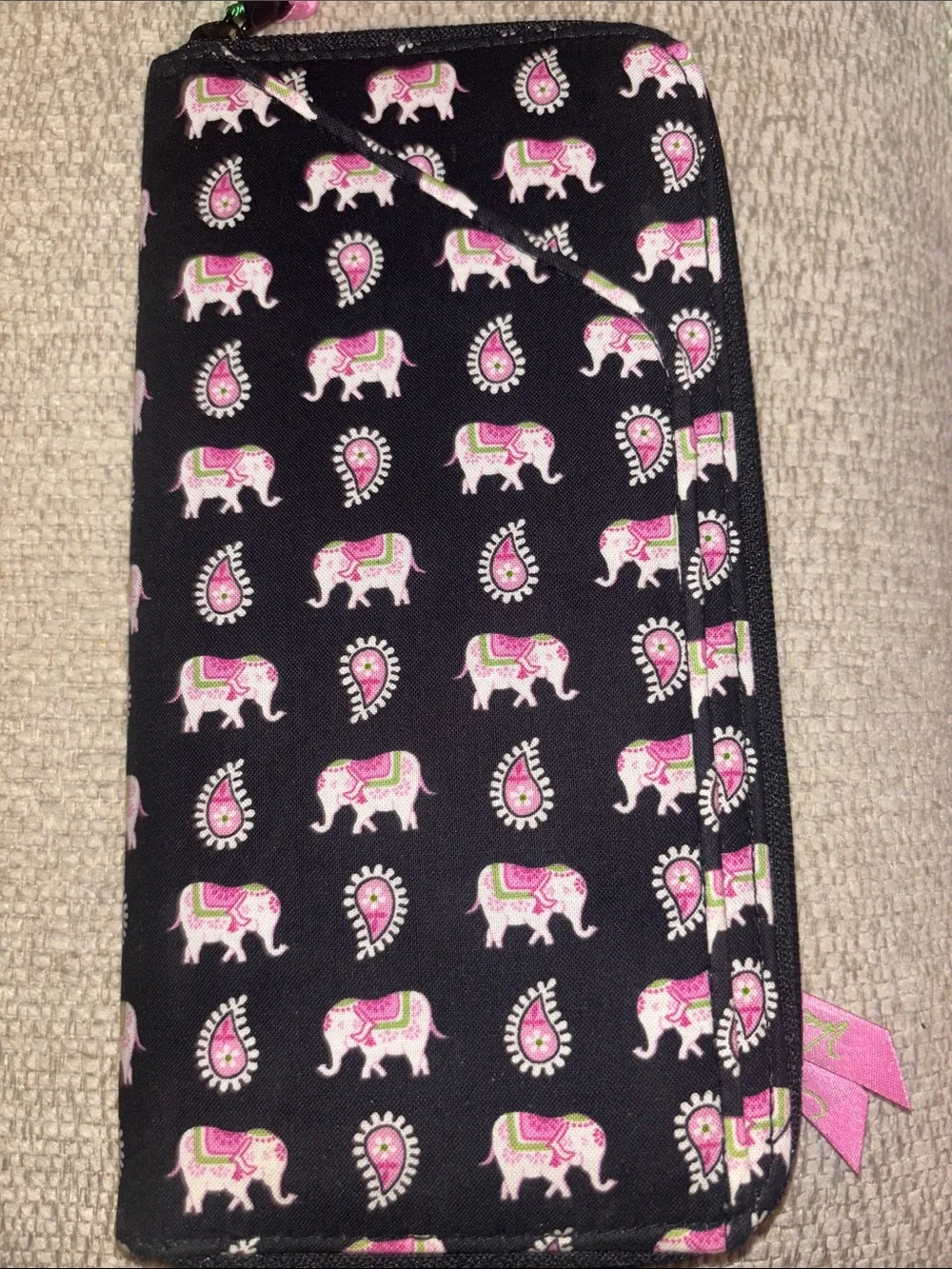 Vera Bradley Black Wallet/Travel Organizer Pink & Green Elephant Paisley Print - Picture 1 of 6